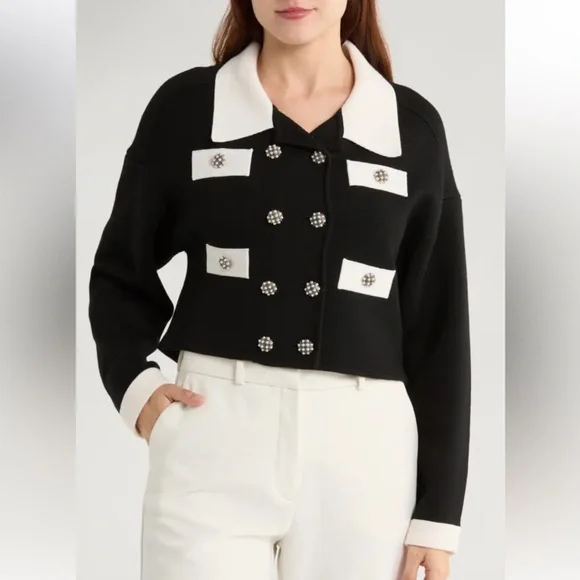 New Alice and Olivia black Verdell cropped knit sweater jacket